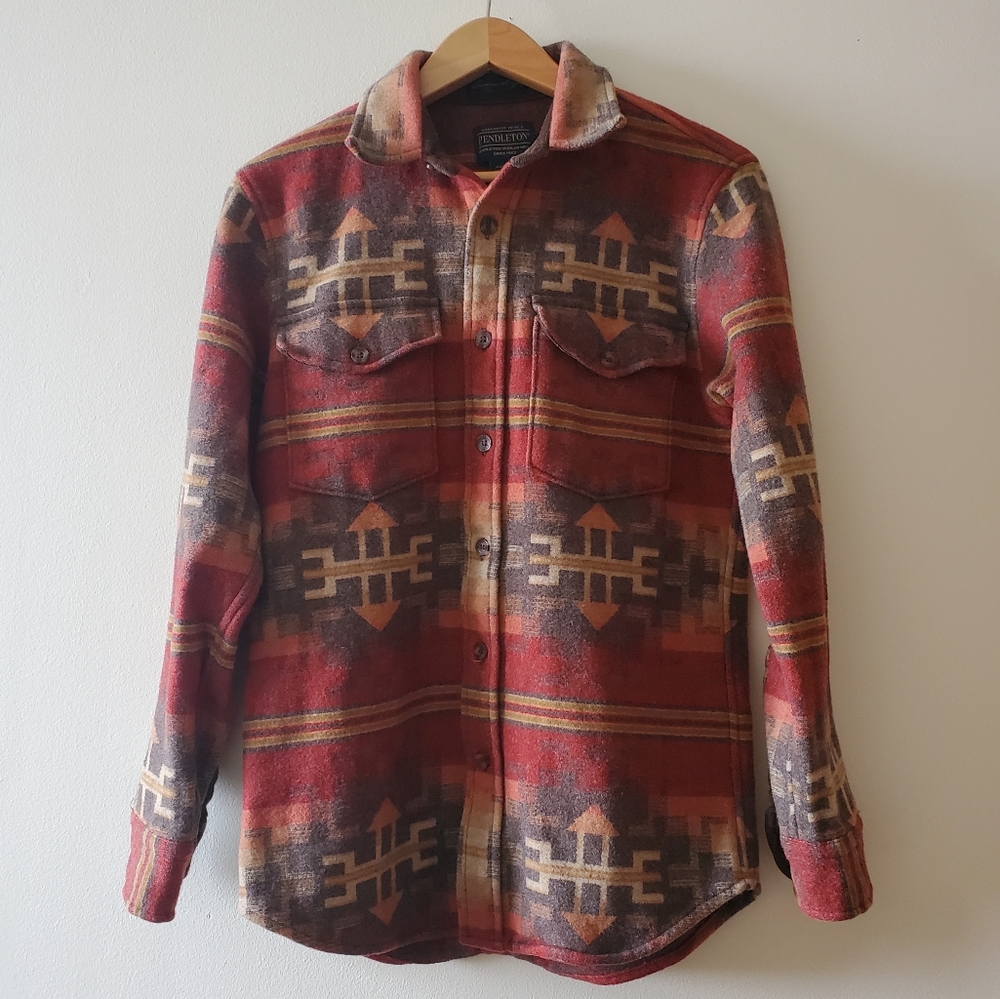 Pendleton Red and Brown Native Pattern Wool Button-Down Shirt Jacket
